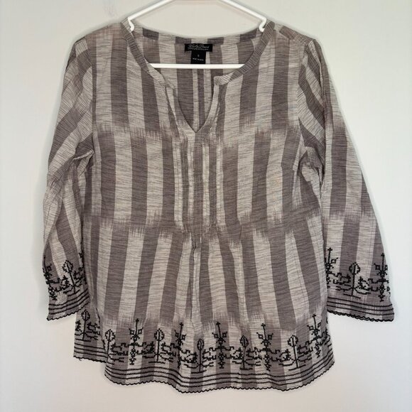 LUCKY BRAND Tunic Sz Small Striped Embroidered Prairie Top Bell Sleeve - Picture 1 of 5